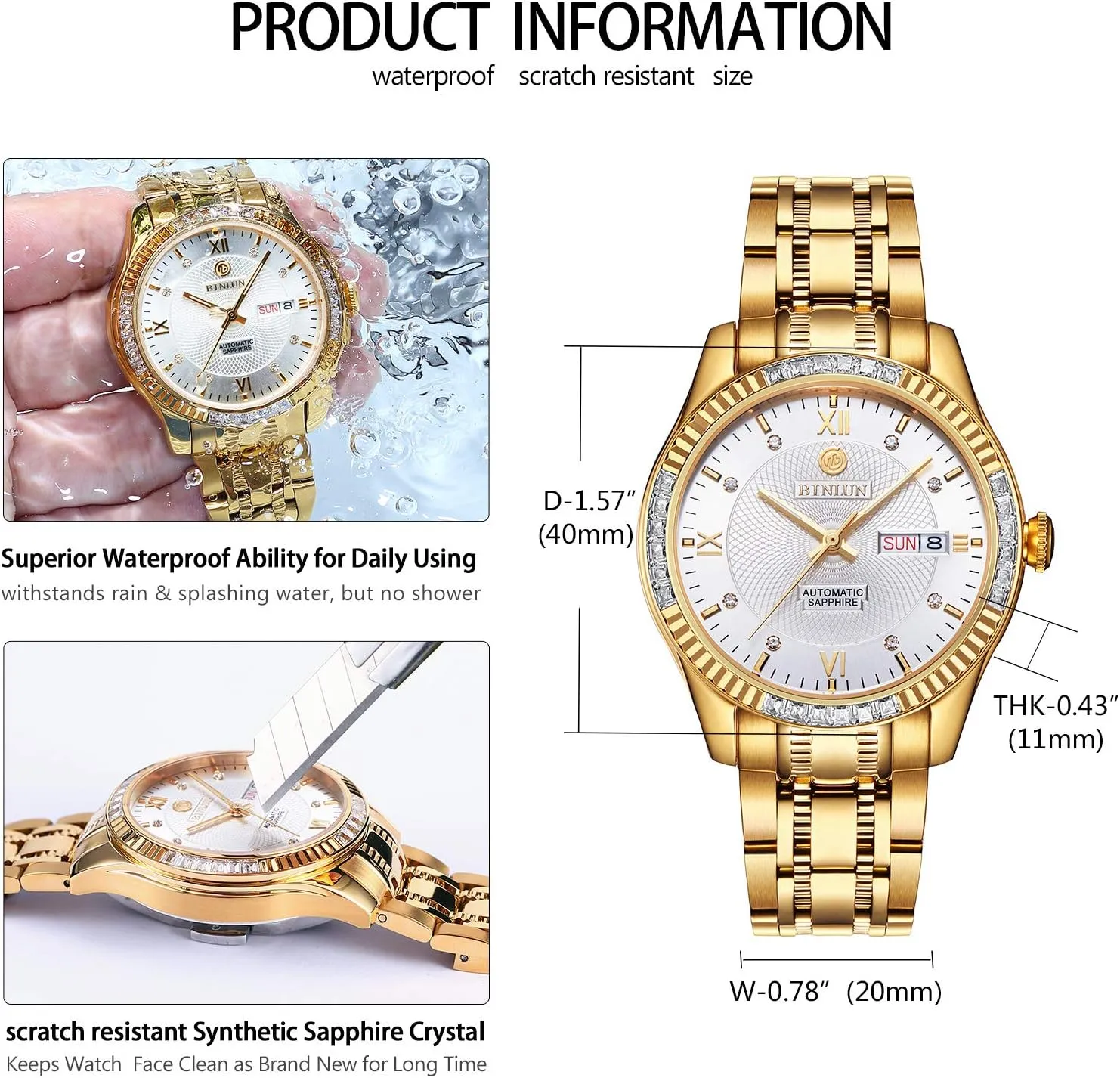 Watches 18K Gold Plated Diamond Mechanical Watch Waterproof Stainless Steel Skeleton Wrist Watch for Men BINLUN mantle rainfall endotherms crack Men's Automatic Gold 