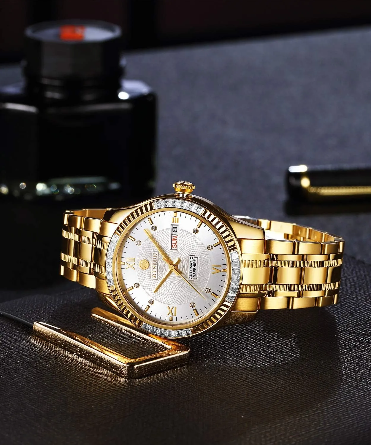 Watches 18K Gold Plated Diamond Mechanical Watch Waterproof Stainless Steel Skeleton Wrist Watch for Men BINLUN mantle rainfall endotherms crack Men's Automatic Gold 