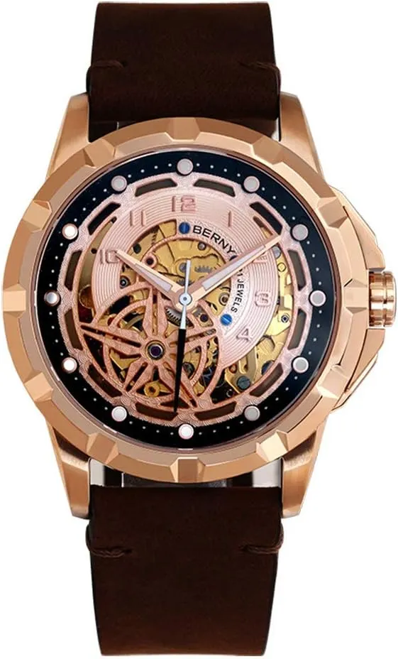 Watches for Men Luxury Men's Automatic Watch Genuine Leather silvery crevice Strap Waterproof Watch BERNY Skeleton 