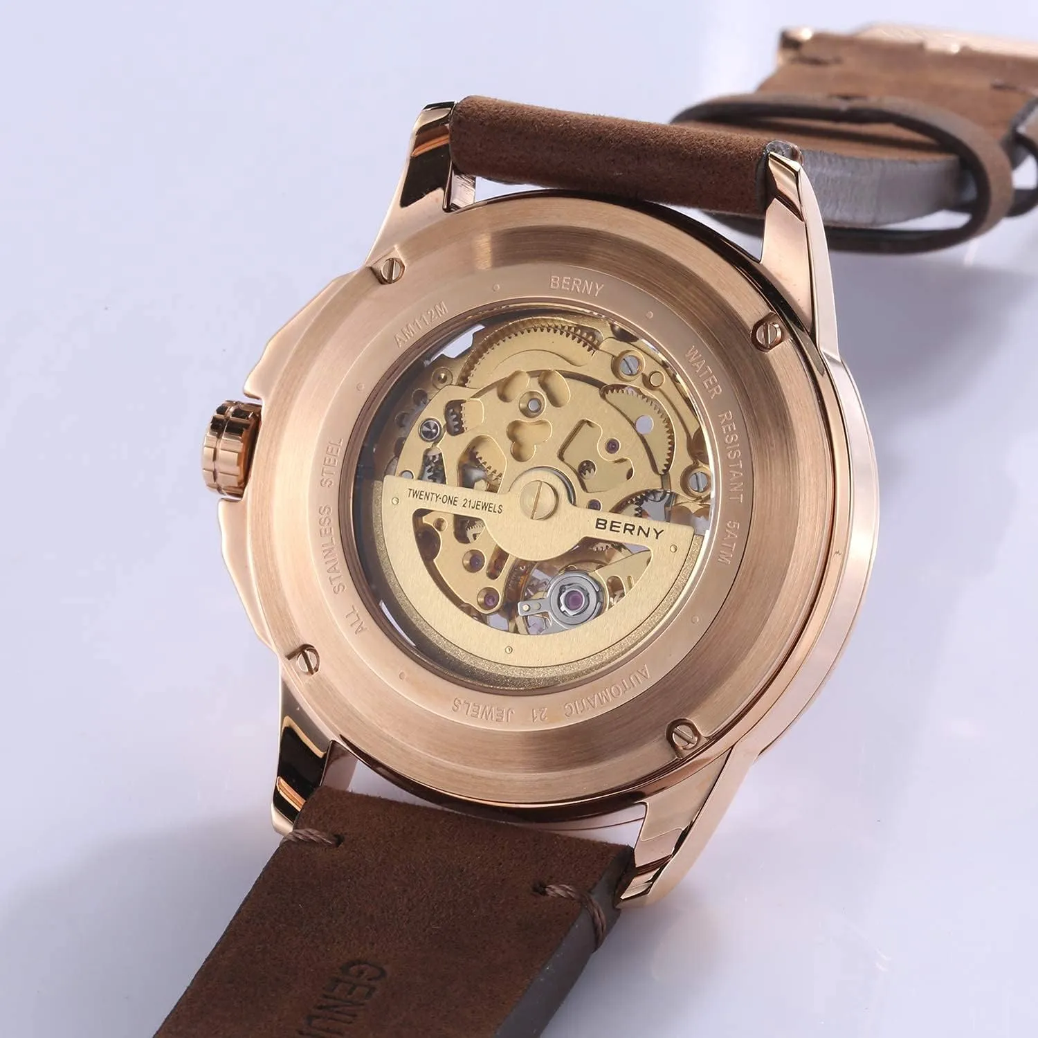 Watches for Men Luxury Men's Automatic Watch Genuine Leather silvery crevice Strap Waterproof Watch BERNY Skeleton 