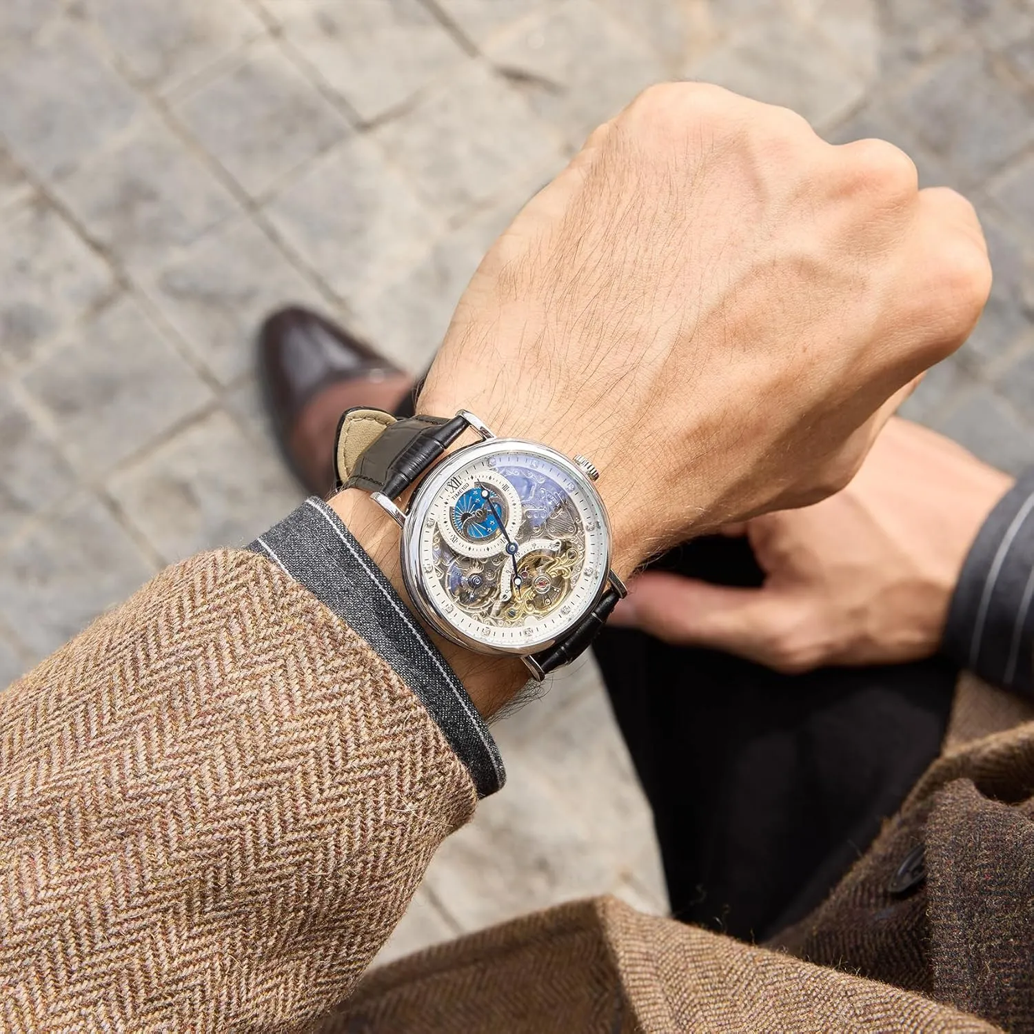Watches for Men Men's Automatic Watch Self Winding Mechanical beau polygon breeze quick roller woolen Watch Genuine Leather Strap Skeleton 