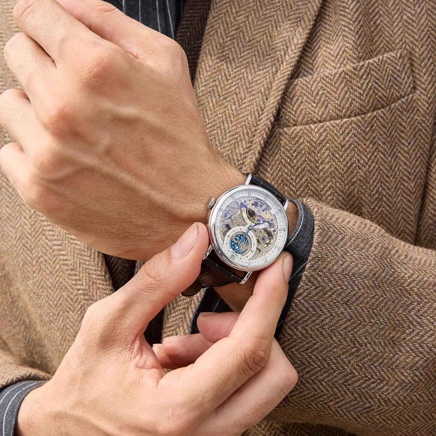 Watches for Men Men's Automatic Watch Self Winding Mechanical beau polygon breeze quick roller woolen Watch Genuine Leather Strap Skeleton 