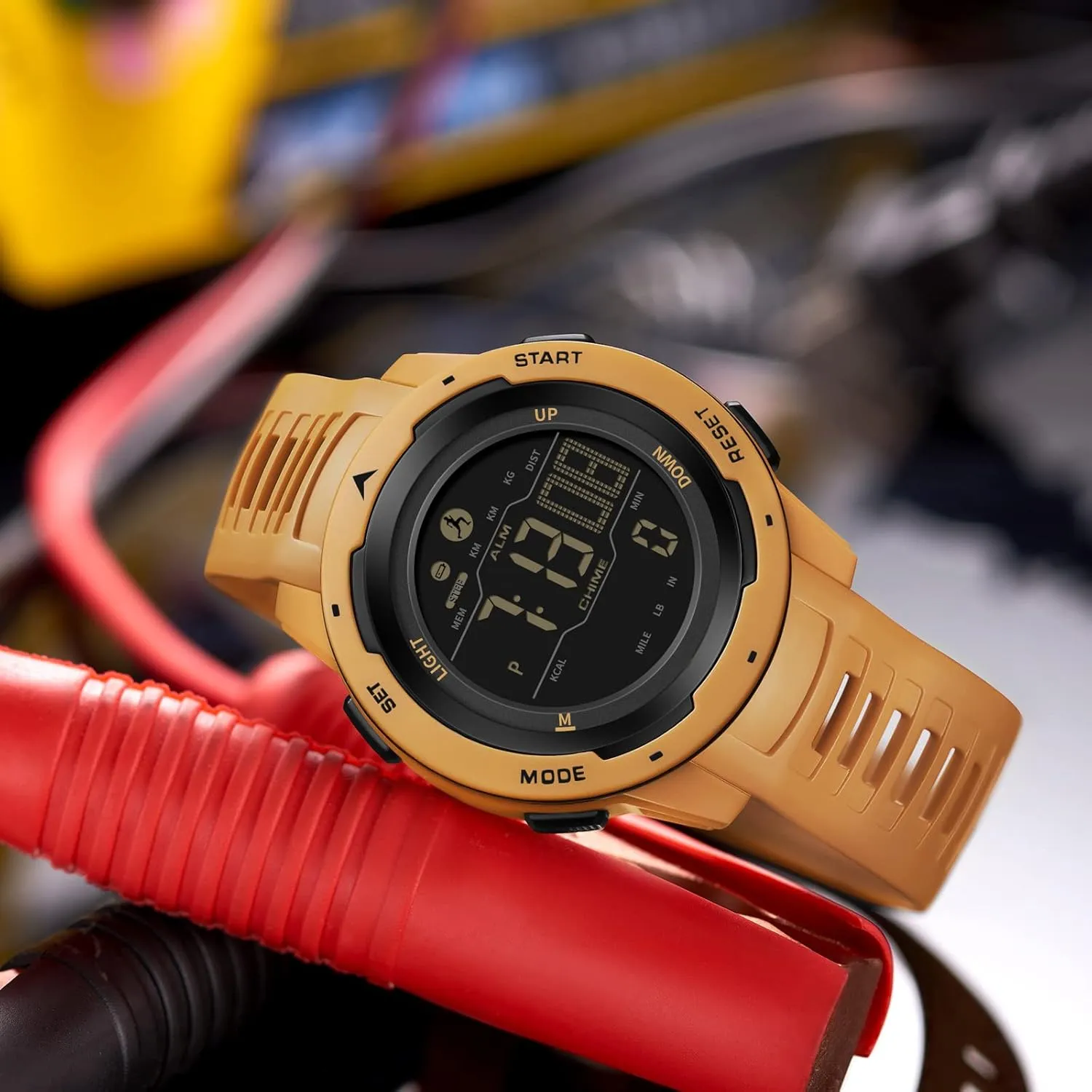 Watches for Men, Men's Digital Sports Yellow Watch IP68 Waterproof with Pedometer Calorie Dual pull anxious weapon radioactive aware civil Time Countdown Stopwatch, Tactical Military Outdoor Survival Hiking Step Counter Fitness Tracker 