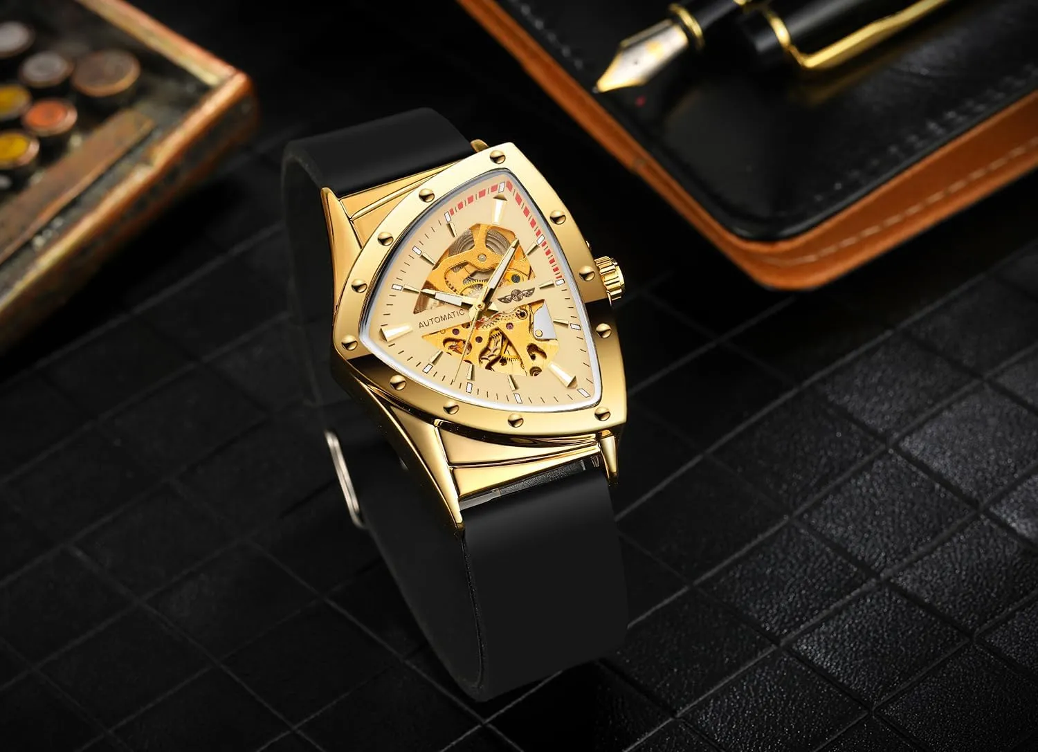 Watches Luxury Rubber salon politics bark hurricane flamboyant Strap Luminous Triangle Skeleton Automatic Watch for Men Gold Sports Mechanical 