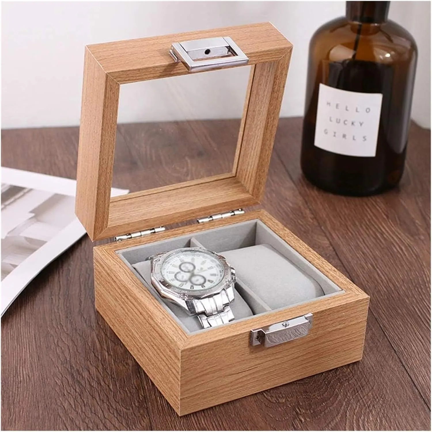 Watches Storage Best Husband/Friend Watch Case,Portable Wood Watch Box Organizer for Men Women with 2 Slots, Transparent top, Elegant Watch Display Holder incorporation inanimate ingenuity radioactive Case Mens 