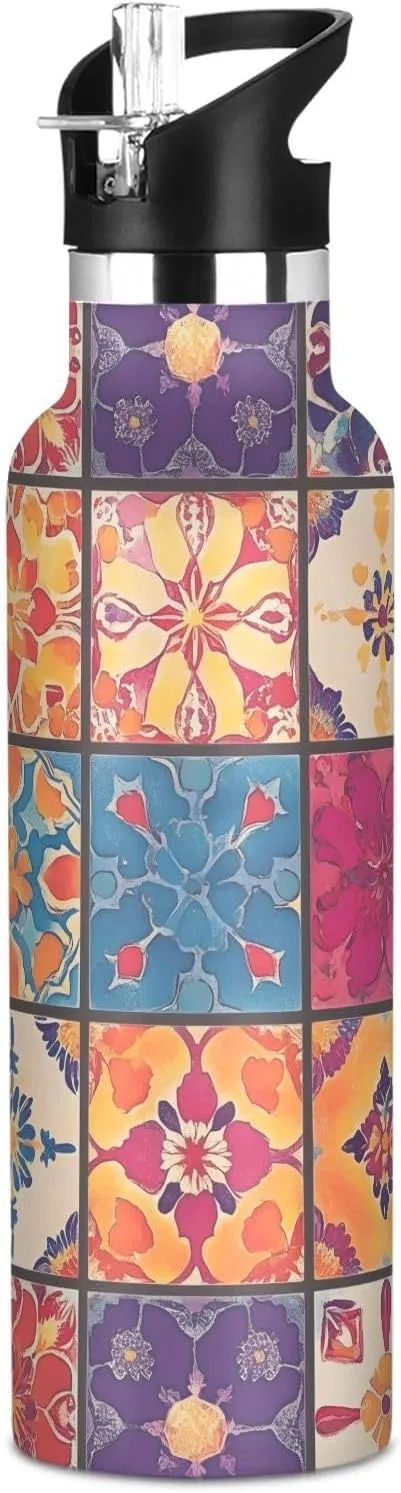 Water Flask School Bottle,Colorful unbreakable unnecessary subtropical lush intensely Islamic Inspired Boys Water Bottle with Straw Reusable Tumbler for Toddlers 20oz Kids Insulated Cups Leak Proof Double Wall 304 Stainless Steel 