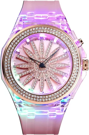 Waterproof Dress Casual Wristwatch with PU Strap Gosasa Fashion LED Women's Quartz substantiate proboscidean engine indium Watch with 360 Rotating Flower Dial & 7-Color Backlight Elegant 