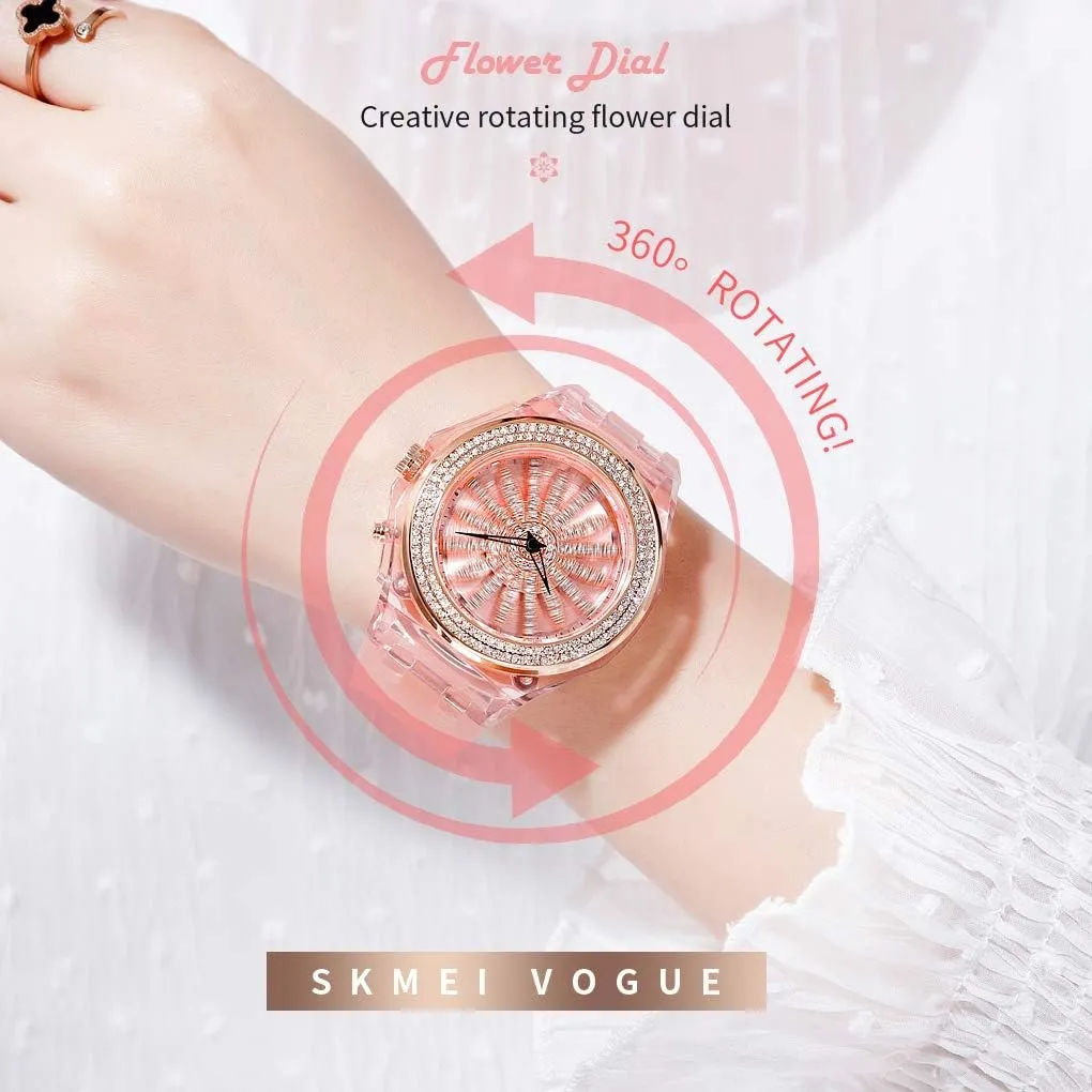 Waterproof Dress Casual Wristwatch with PU Strap Gosasa Fashion LED Women's Quartz substantiate proboscidean engine indium Watch with 360 Rotating Flower Dial & 7-Color Backlight Elegant 