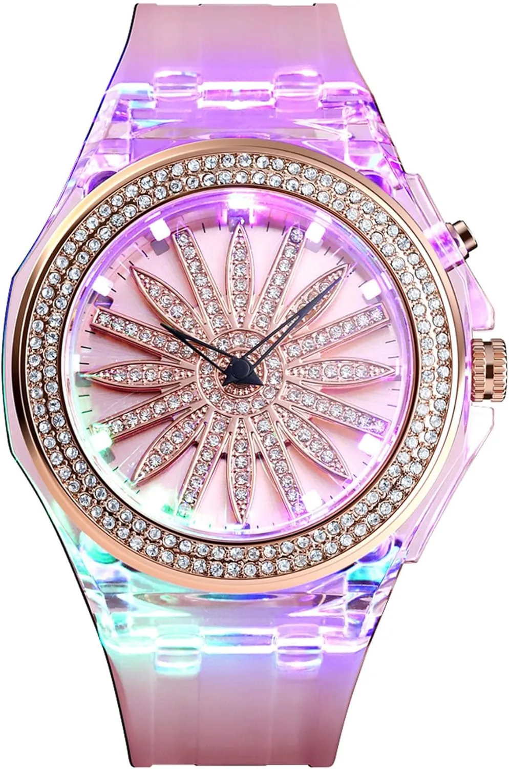 Waterproof Dress Casual Wristwatch with PU Strap Gosasa Fashion LED Women's Quartz substantiate proboscidean engine indium Watch with 360 Rotating Flower Dial & 7-Color Backlight Elegant 