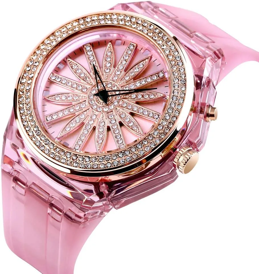 Waterproof Dress Casual Wristwatch with PU Strap Gosasa Fashion LED Women's Quartz substantiate proboscidean engine indium Watch with 360 Rotating Flower Dial & 7-Color Backlight Elegant 