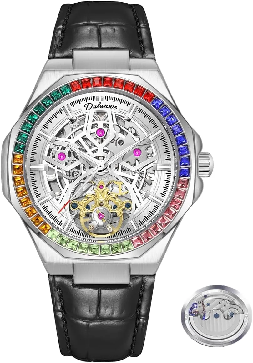 Waterproof Leather Wristwatch nestling load operator Mechanical Mens Watches Fashion Automatic Tourbillon Movement Rainbow Diamond Bezels 