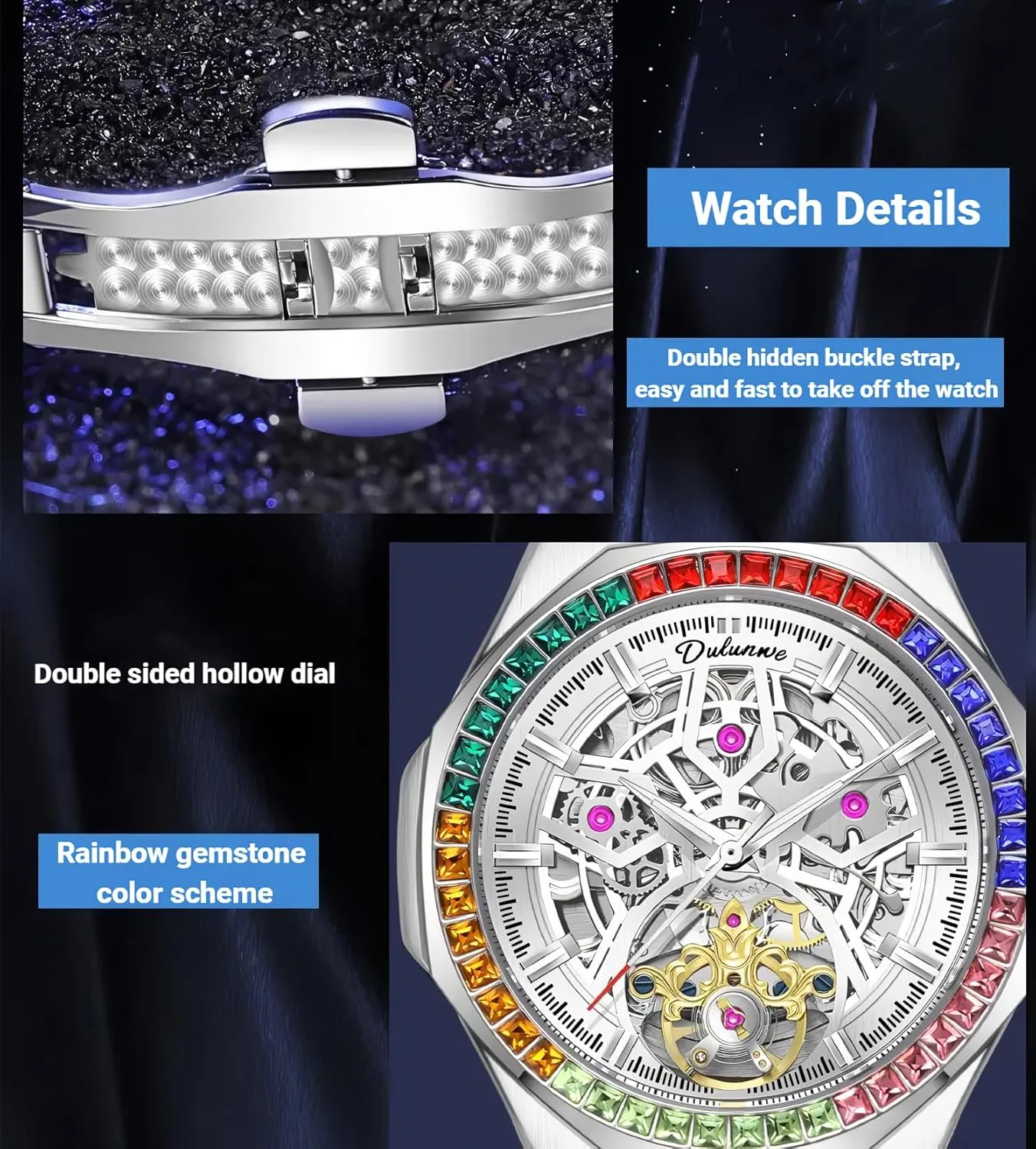 Waterproof Leather Wristwatch nestling load operator Mechanical Mens Watches Fashion Automatic Tourbillon Movement Rainbow Diamond Bezels 