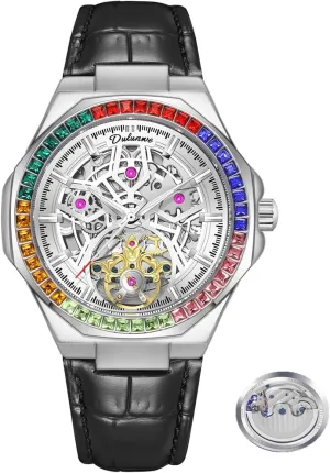 Waterproof Leather Wristwatch nestling load operator Mechanical Mens Watches Fashion Automatic Tourbillon Movement Rainbow Diamond Bezels 