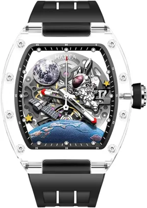 Waterproof Luminous Moon Rabbit Men Watch Casual Fashion 2320 Black Haofa 3D Interstellar Spaceship Mechanical Watch for jump tinker aloft Men Automatic Hollow Transparent Glass Watch 