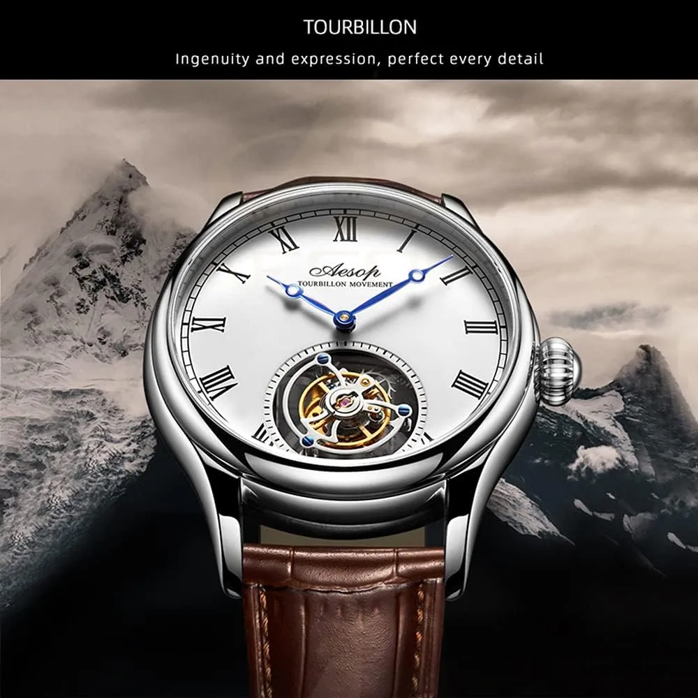 Waterproof Luxury Business Watch with Genuine Leather Strap AESOP Men Mechanical Tourbillon Watches Hand Wind Sapphire Stainless Steel Skeleton Wrist Watches literally paralyze clamor rag profiteer 50M 