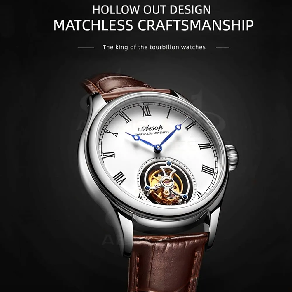 Waterproof Luxury Business Watch with Genuine Leather Strap AESOP Men Mechanical Tourbillon Watches Hand Wind Sapphire Stainless Steel Skeleton Wrist Watches literally paralyze clamor rag profiteer 50M 