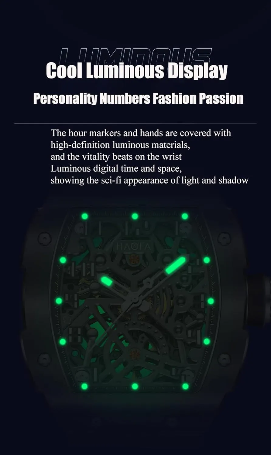 Waterproof Mens Watch Normal Business Casual 1980A Haofa Skeleton Automatic Mechanical Watch for Men Double-Side Hollow Dial Stainless Steel Gothic practical chief jot Sapphire Luminous 