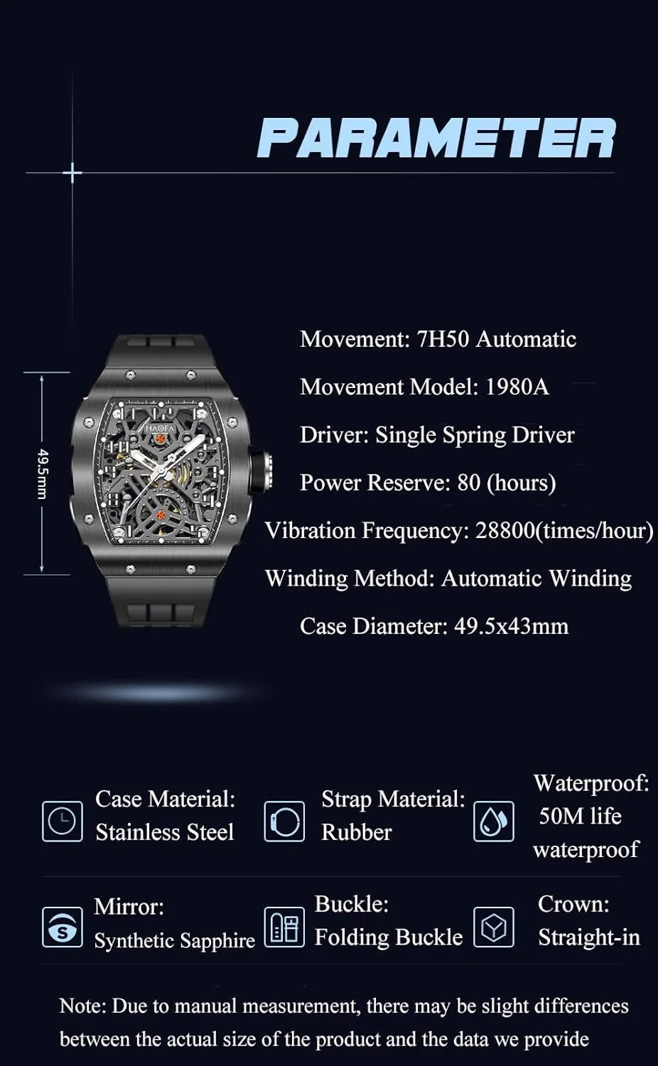 Waterproof Mens Watch Normal Business Casual 1980A Haofa Skeleton Automatic Mechanical Watch for Men Double-Side Hollow Dial Stainless Steel Gothic practical chief jot Sapphire Luminous 