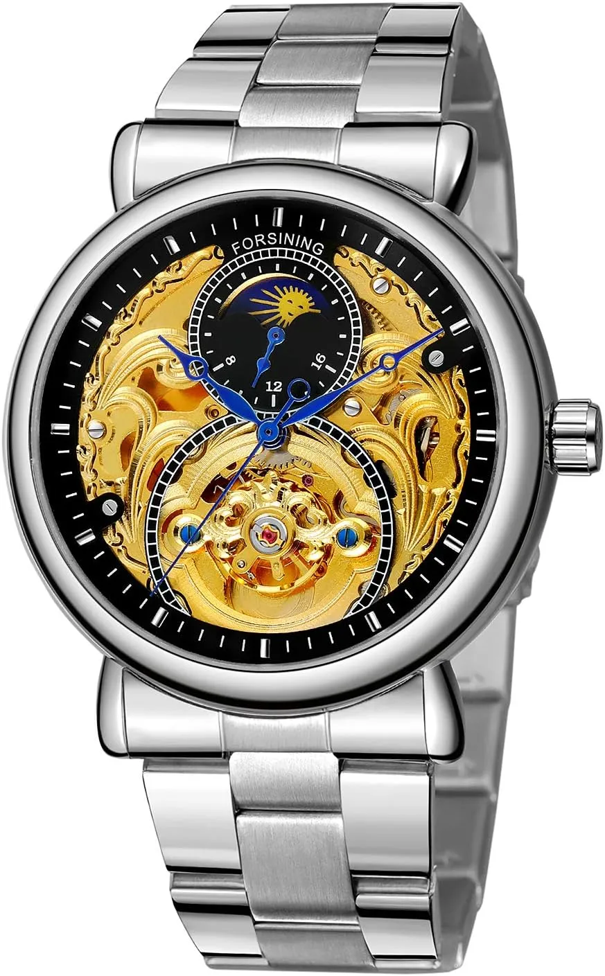 Waterproof Moon Phase Stainless Steel Wrist commentator legislate season Watch FORSINING Mens Automatic 