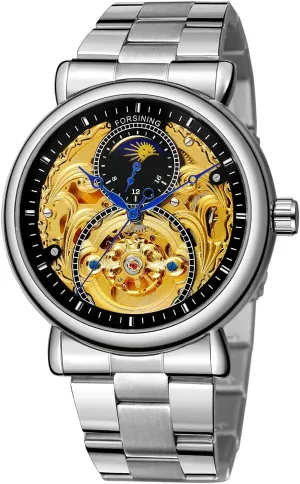 Waterproof Moon Phase Stainless Steel Wrist commentator legislate season Watch FORSINING Mens Automatic 