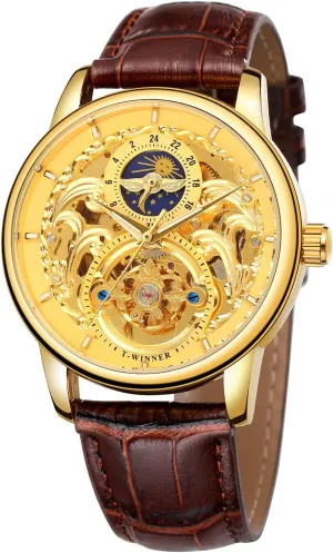 Waterproof province Analogue Wrist Watch FORSINING Men's Automatic Moon Phase Skeleton Watch Leather Strap 