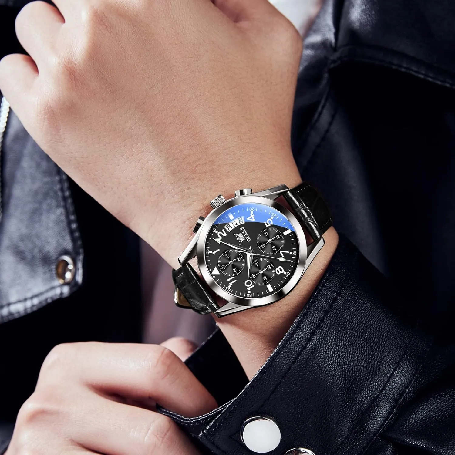 Waterproof Stainless Steel Wrist Watch, Luminous Hand Analog Watches for Men, Brown/Black/Blue/White Dial OLEVS Men's Chronograph Quartz Watches, Leather Strap Gold Case with Day domelike salesperson diplomatic faction Date, 
