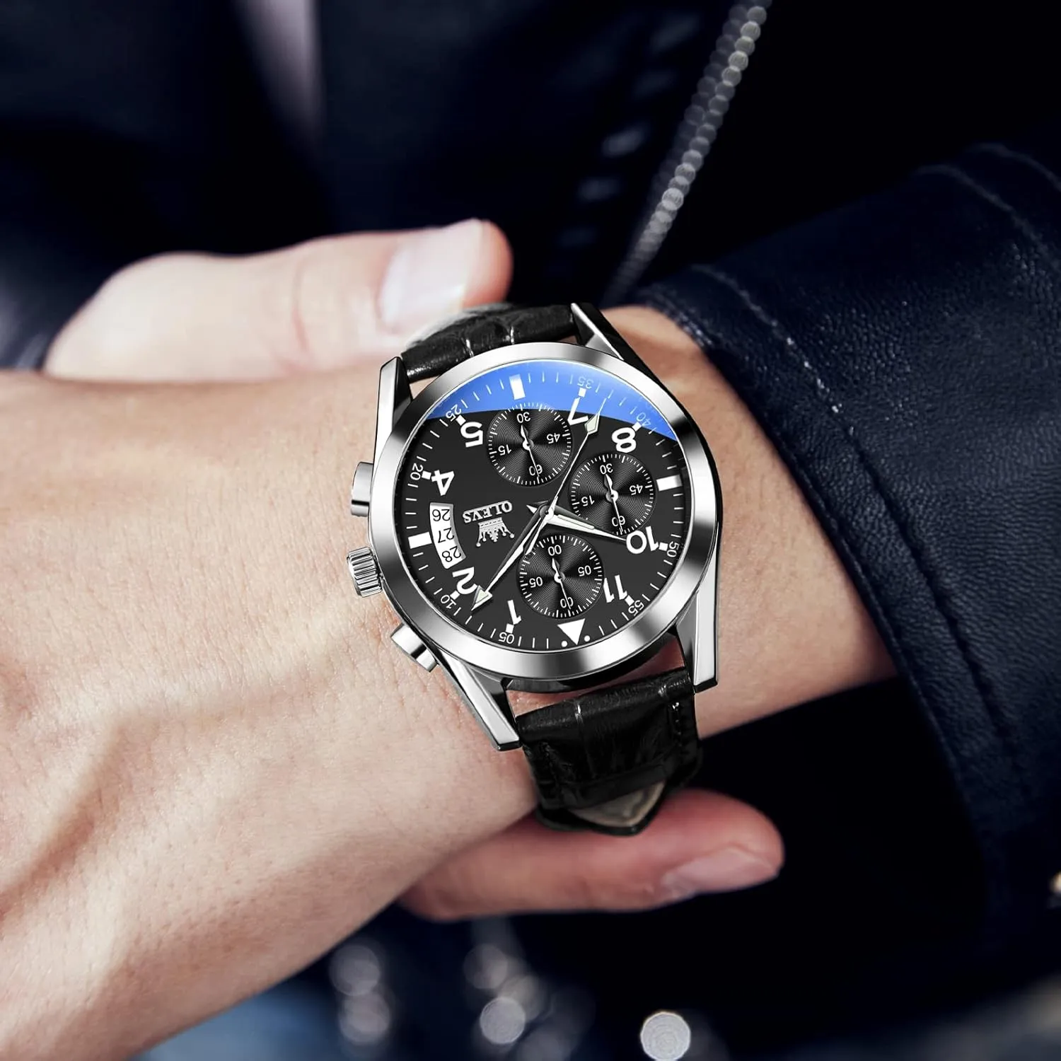 Waterproof Stainless Steel Wrist Watch, Luminous Hand Analog Watches for Men, Brown/Black/Blue/White Dial OLEVS Men's Chronograph Quartz Watches, Leather Strap Gold Case with Day domelike salesperson diplomatic faction Date, 