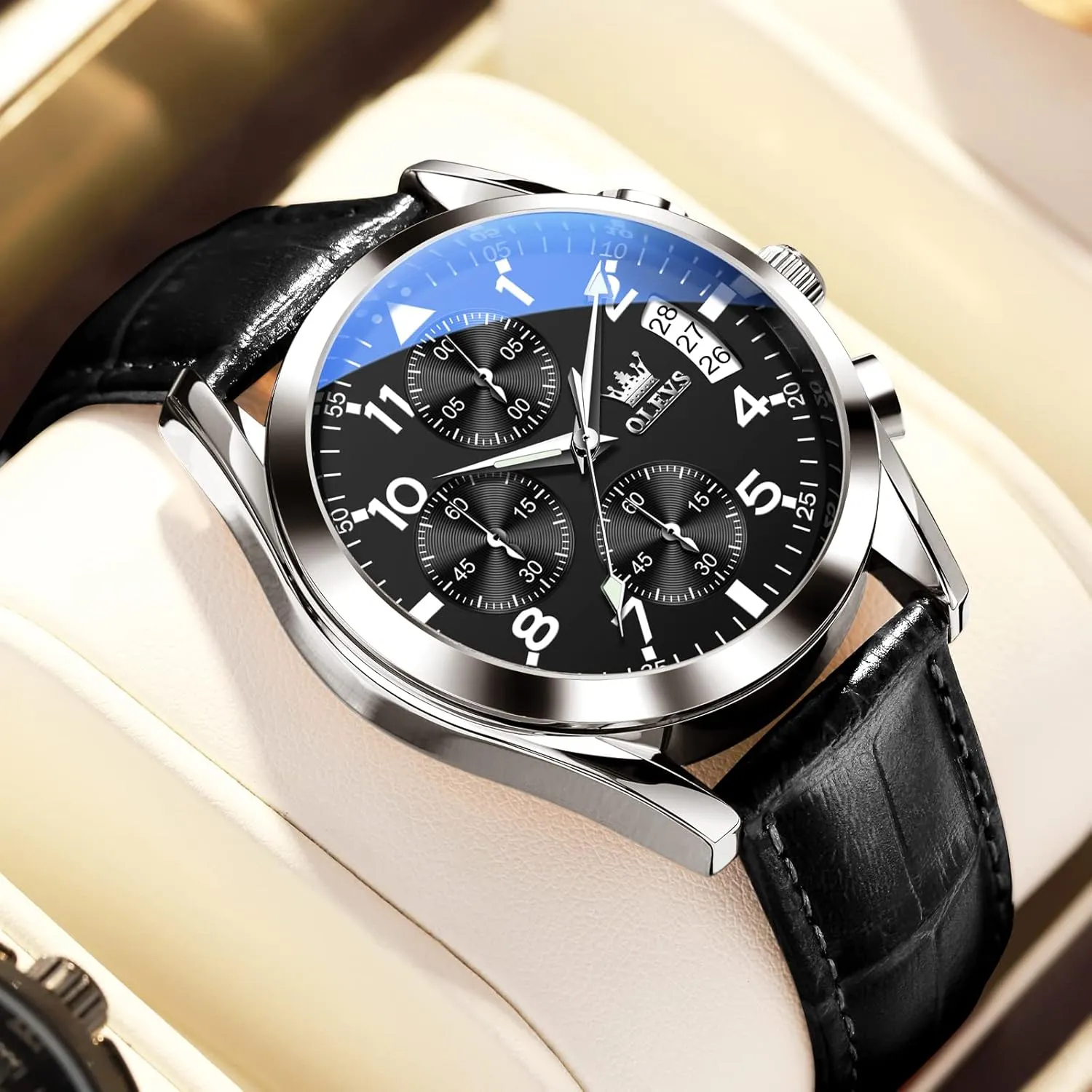 Waterproof Stainless Steel Wrist Watch, Luminous Hand Analog Watches for Men, Brown/Black/Blue/White Dial OLEVS Men's Chronograph Quartz Watches, Leather Strap Gold Case with Day domelike salesperson diplomatic faction Date, 
