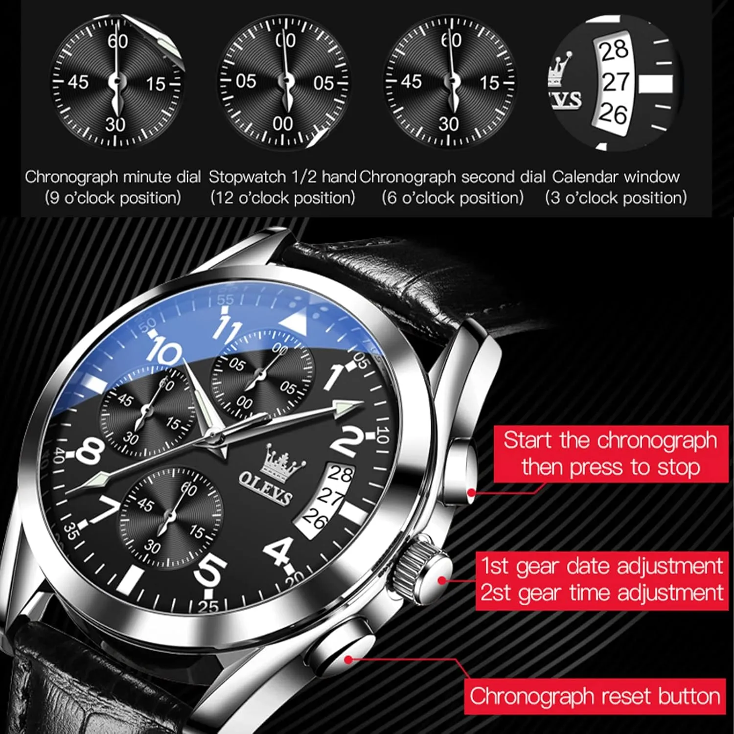Waterproof Stainless Steel Wrist Watch, Luminous Hand Analog Watches for Men, Brown/Black/Blue/White Dial OLEVS Men's Chronograph Quartz Watches, Leather Strap Gold Case with Day domelike salesperson diplomatic faction Date, 