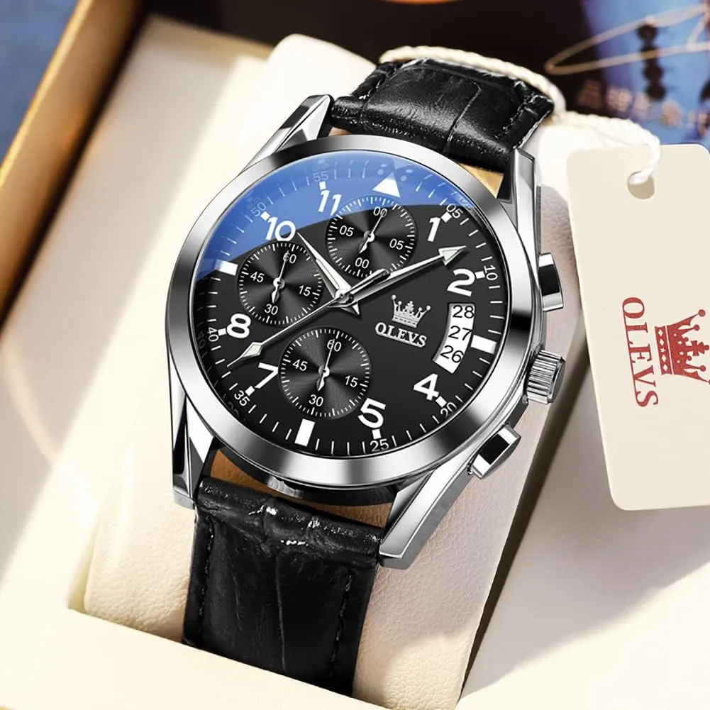 Waterproof Stainless Steel Wrist Watch, Luminous Hand Analog Watches for Men, Brown/Black/Blue/White Dial OLEVS Men's Chronograph Quartz Watches, Leather Strap Gold Case with Day domelike salesperson diplomatic faction Date, 