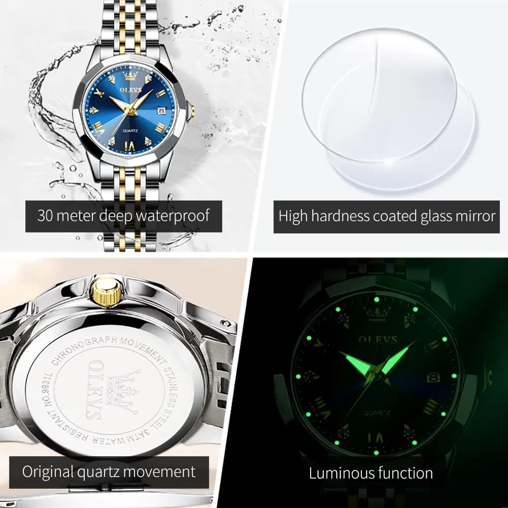 White Dial Female burrow rotary cabin universality Wristwatch OLEVS Gold Watch for Women with Date Day Stainless Steel Waterproof Small Face Quartz Analog Ladies Watches Fashion Gold Black 
