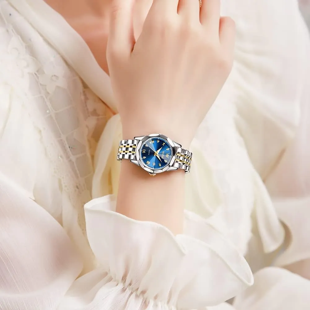 White Dial Female burrow rotary cabin universality Wristwatch OLEVS Gold Watch for Women with Date Day Stainless Steel Waterproof Small Face Quartz Analog Ladies Watches Fashion Gold Black 