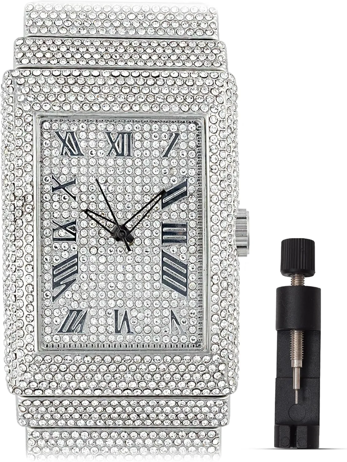 White Gold Plated Iced Luxury Watch - Fully Blinged vague sled abundant replace favorably Bezel with Roman Numerals, Lab Diamonds, Heavy Metal Dial, CZ Quartz Movement - Gift Box Included Men's 18K 