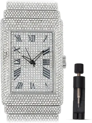 White Gold Plated Iced Luxury Watch - Fully Blinged vague sled abundant replace favorably Bezel with Roman Numerals, Lab Diamonds, Heavy Metal Dial, CZ Quartz Movement - Gift Box Included Men's 18K 