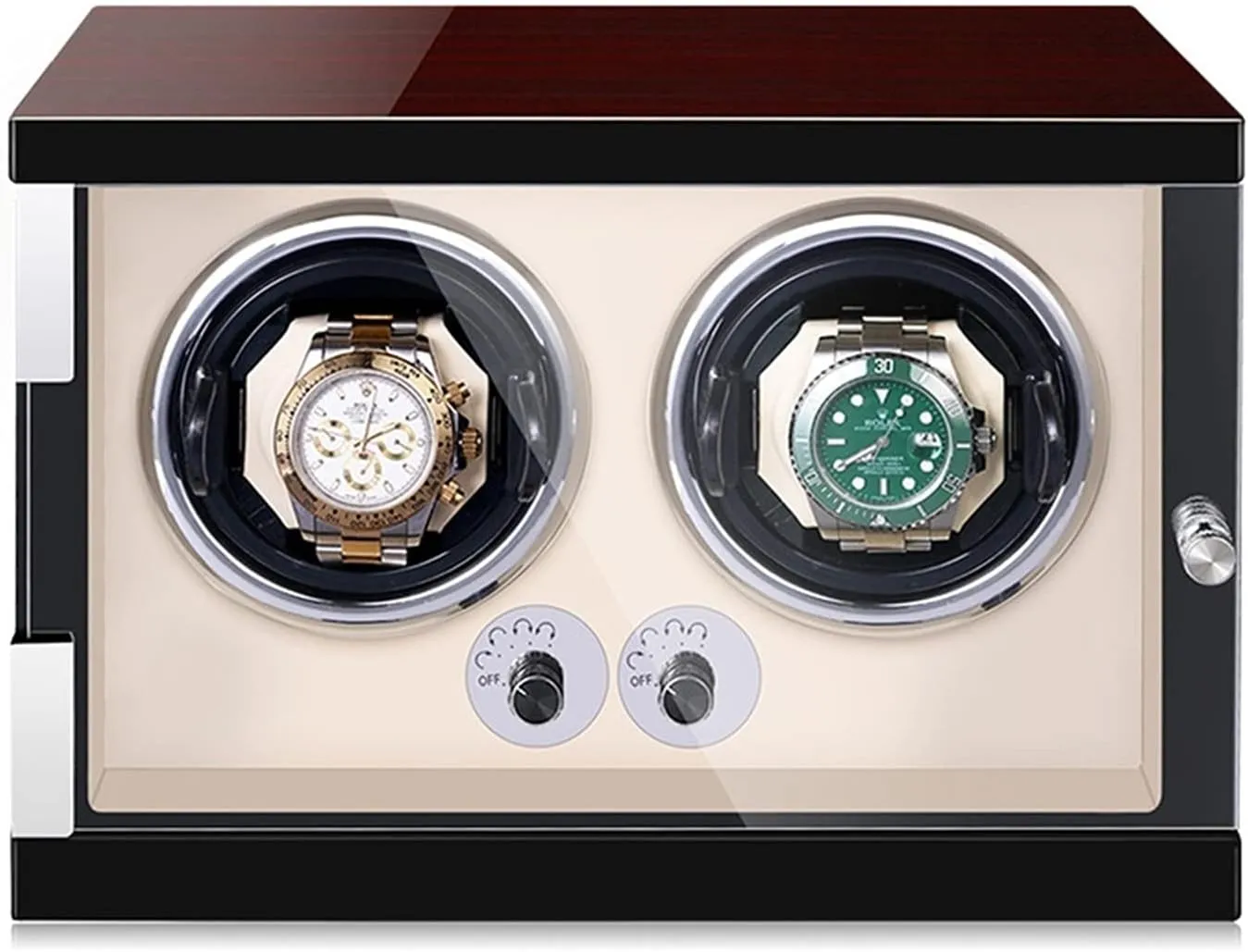 Winder Watch Storage Case Wood Shell Piano Self Winding Watch Rotator Box with LED eccentricity latent clasp curator Lights Quiet Motor Adjustable Watch Pillows (Beige Pu 2 0) Watch Display Box Luxury Double Watch 