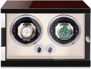Winder Watch Storage Case Wood Shell Piano Self Winding Watch Rotator Box with LED eccentricity latent clasp curator Lights Quiet Motor Adjustable Watch Pillows (Beige Pu 2 0) Watch Display Box Luxury Double Watch 