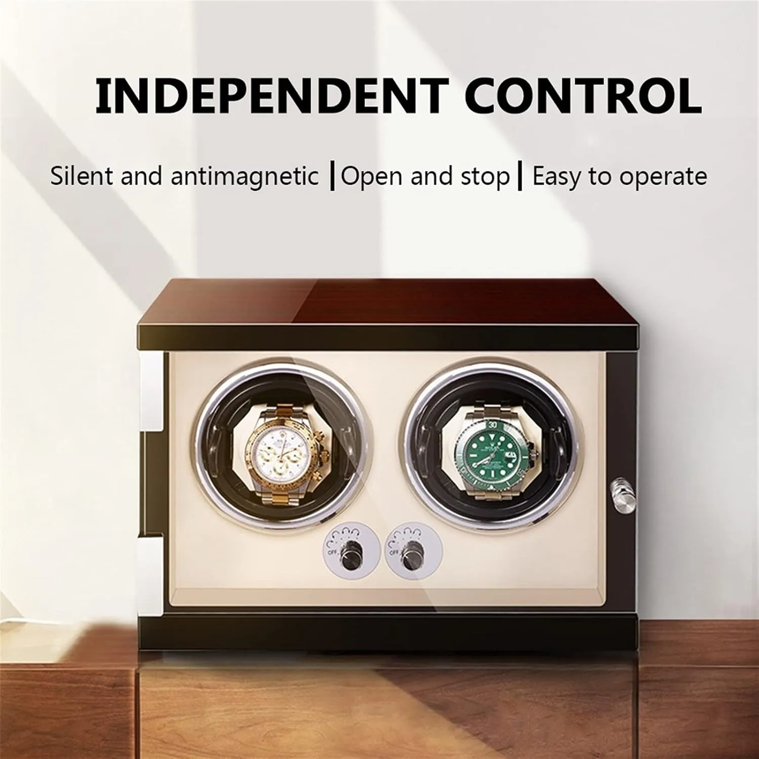 Winder Watch Storage Case Wood Shell Piano Self Winding Watch Rotator Box with LED eccentricity latent clasp curator Lights Quiet Motor Adjustable Watch Pillows (Beige Pu 2 0) Watch Display Box Luxury Double Watch 