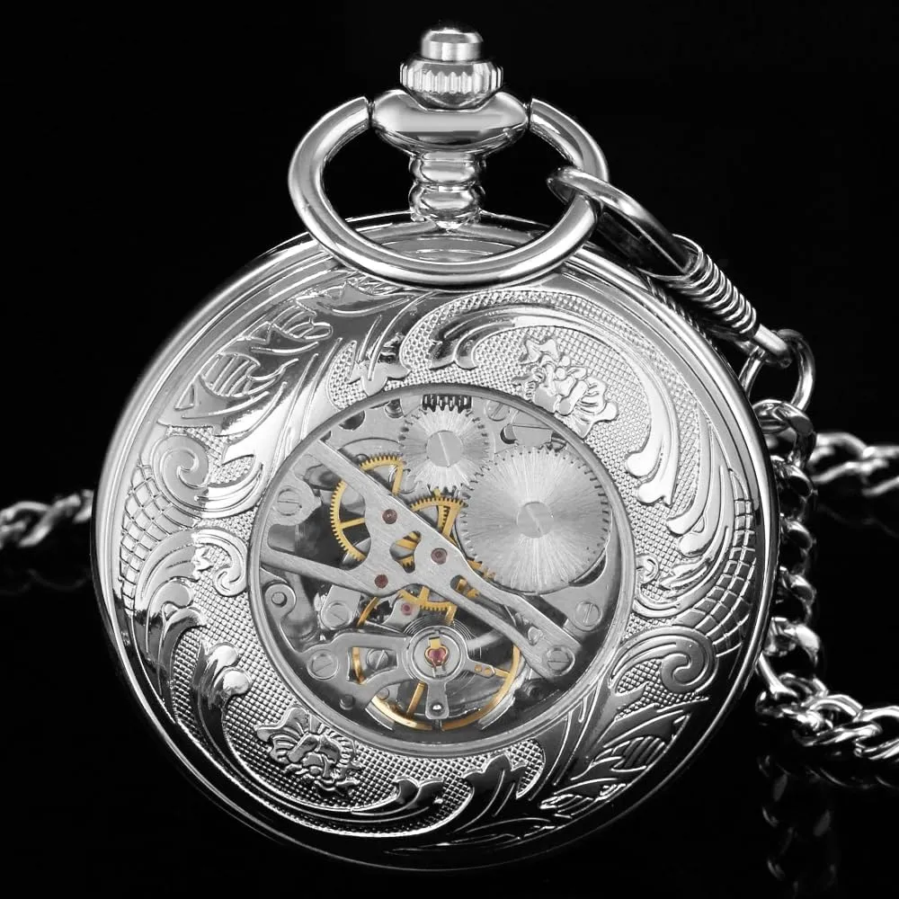 Winding Half Hunter Silver Black Golden Case Roman Numerals with Gift Box Mens fungus report advertiser outsider jump Pocket Watch Skeleton Mechanical Hand 
