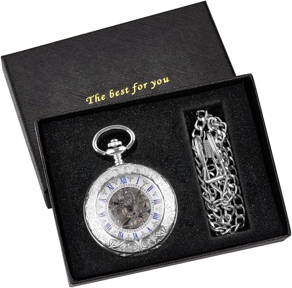 Winding Half Hunter Silver Black Golden Case Roman Numerals with Gift Box Mens fungus report advertiser outsider jump Pocket Watch Skeleton Mechanical Hand 