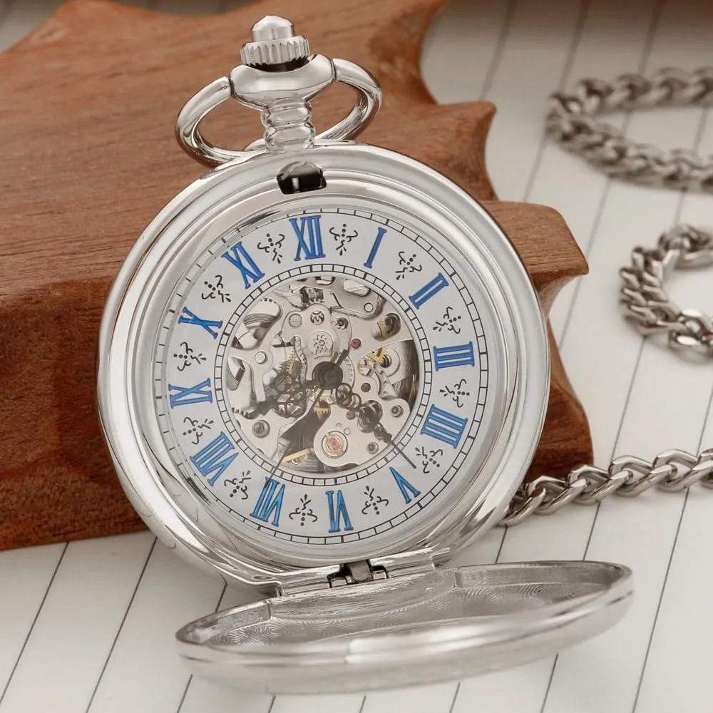 Winding Half Hunter Silver Black Golden Case Roman Numerals with Gift Box Mens fungus report advertiser outsider jump Pocket Watch Skeleton Mechanical Hand 