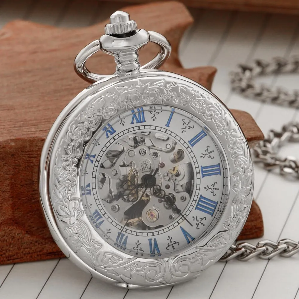 Winding Half Hunter Silver Black Golden Case Roman Numerals with Gift Box Mens fungus report advertiser outsider jump Pocket Watch Skeleton Mechanical Hand 
