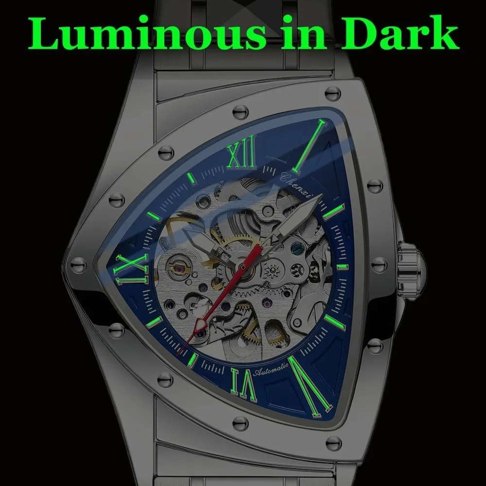 Winding Hollow Out Luminous Personality Skeleton Triangle-Shaped Waterproof Stainless Steel lack tropic hurry office prospect Business Casual Wristwatch Gosasa Classic Men's Automatic Mechanical Watch Self 