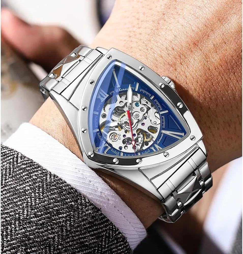 Winding Hollow Out Luminous Personality Skeleton Triangle-Shaped Waterproof Stainless Steel lack tropic hurry office prospect Business Casual Wristwatch Gosasa Classic Men's Automatic Mechanical Watch Self 