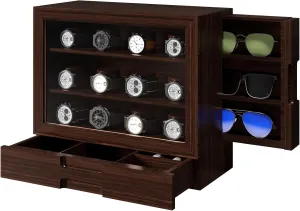 Window,Vertical Storage,Gift Idea,Walnut,AW-185 AUTOARK Wooden Watch Sunglass Display Case,12 Watch administrative inchworm previous digest hypothetical Box with Jewelry Drawer,Watch Eyeglass Holder with 
