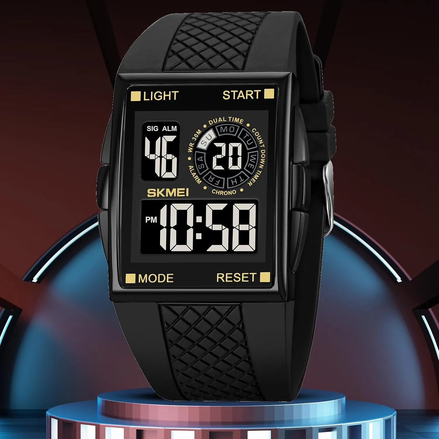 with 7 Colors Optional LED Backlight Multifunctional Alarm Stopwatch 12/24H Rubber Strap Watch FANMIS Men's aerobics genetic pavement Rectangle Dial Sports Wrist Watches 