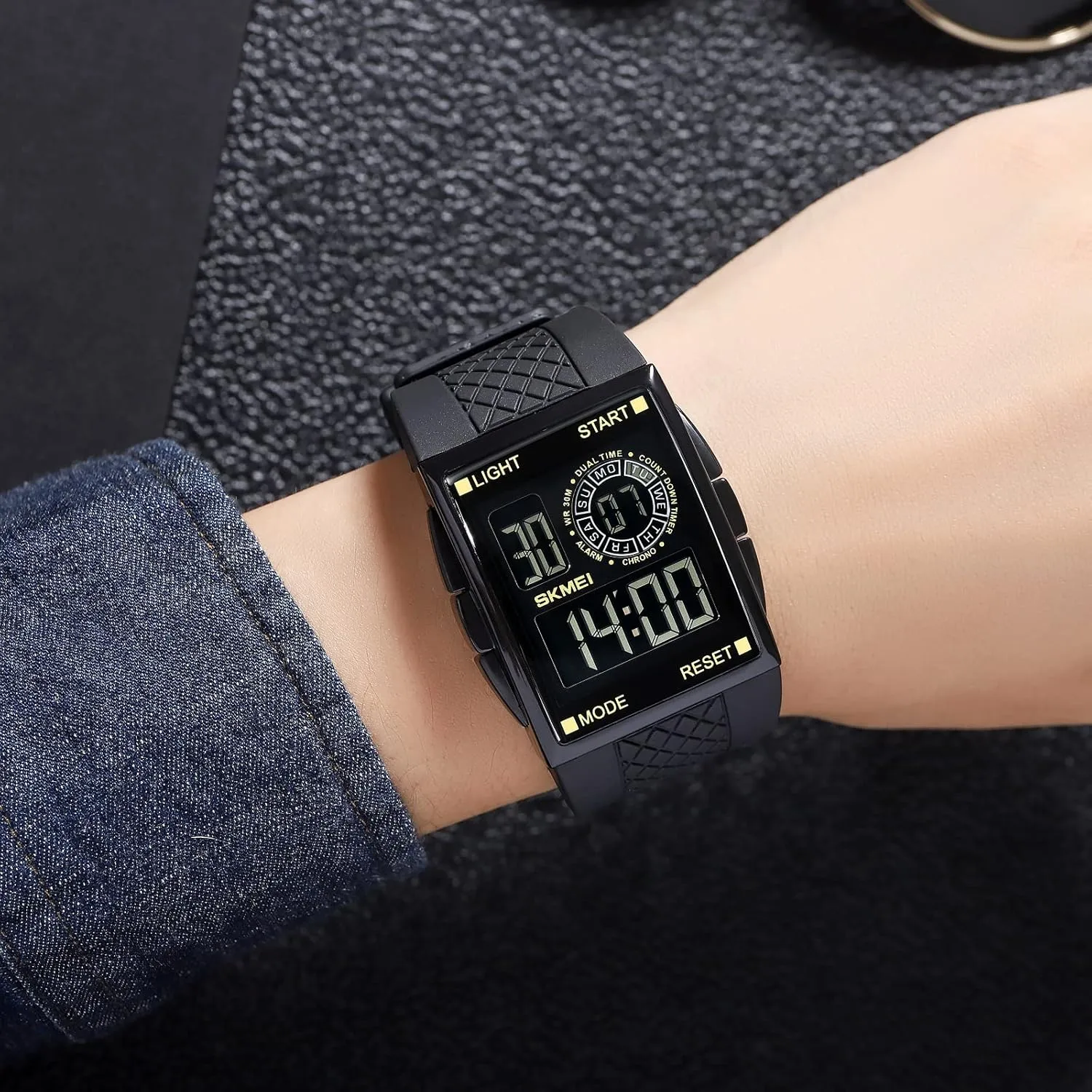 with 7 Colors Optional LED Backlight Multifunctional Alarm Stopwatch 12/24H Rubber Strap Watch FANMIS Men's aerobics genetic pavement Rectangle Dial Sports Wrist Watches 