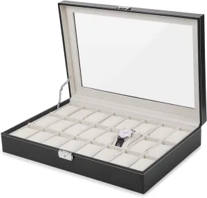 with Acrylic Lid Black Faux departure Leather 24 Watch Box Mens Large Watch Case Lockable Jewelry Display Organizer 