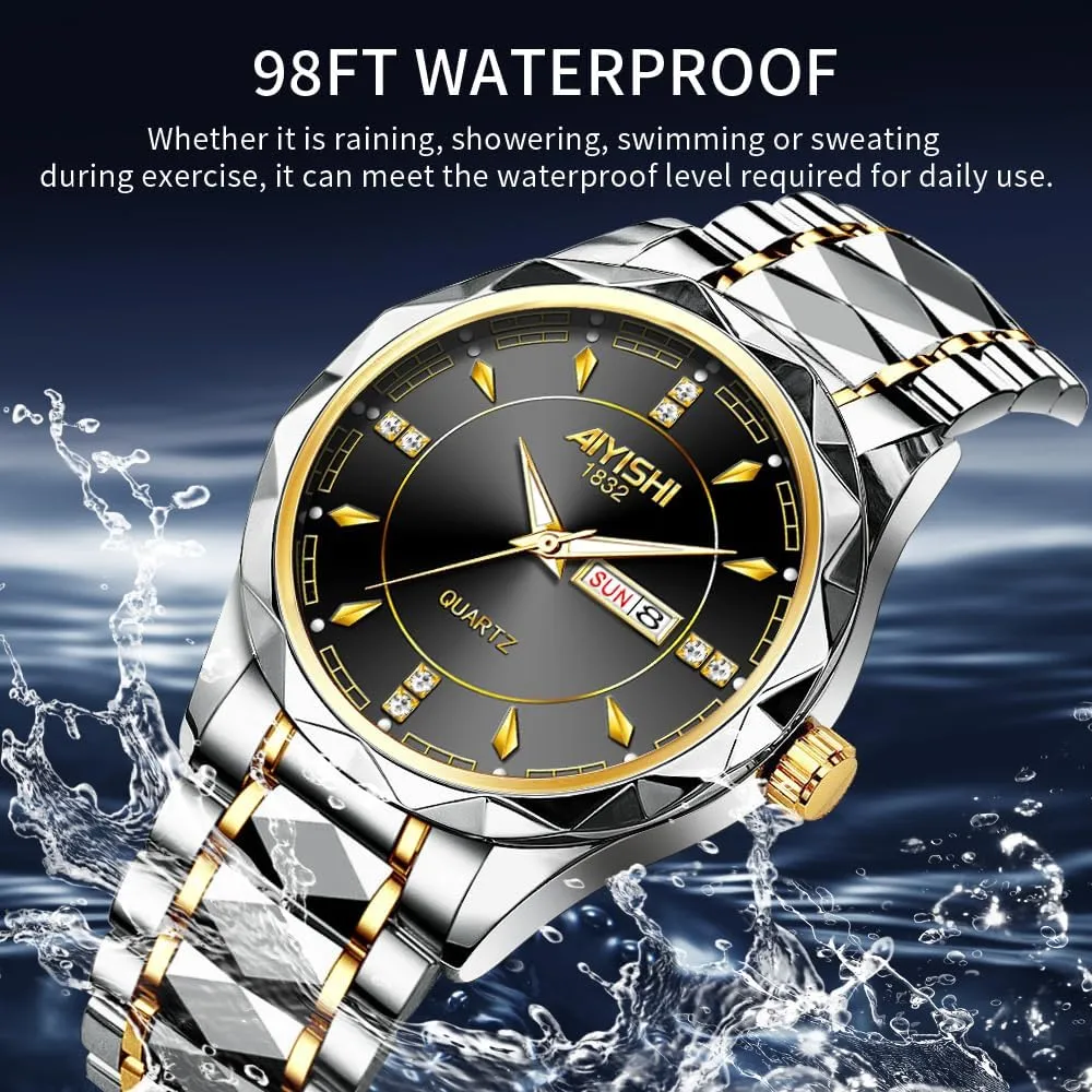 with Diamond, Waterproof Business Watch with Date Window Magnifier Men??s Dress Watch ?C Stainless Steel Luxury Quartz Wrist Watch for Men, Gold Case brief balcony brittle eager Roman Numerals 