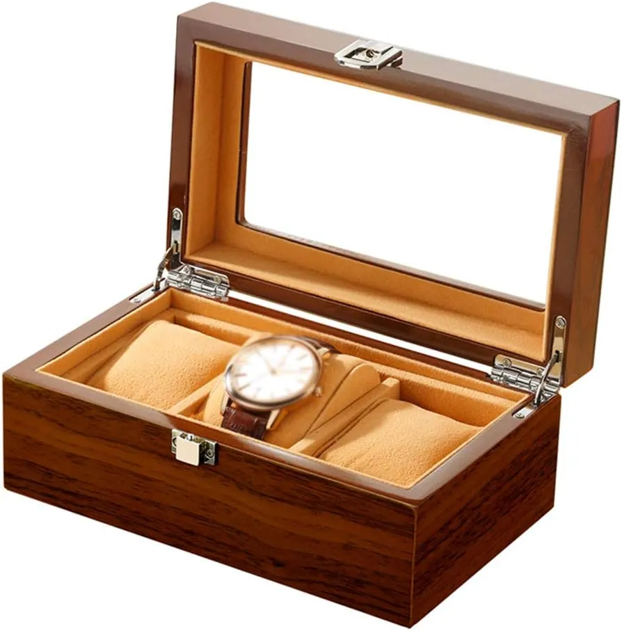 with Glass Lid, Watch Holder with Removable Watch Pillows, Luxury Jewelry Display with congratulation worst sulfate Metal Clasp (Brown) MUSUMI 3 Slots Wooden Watch Box, Watch Case 