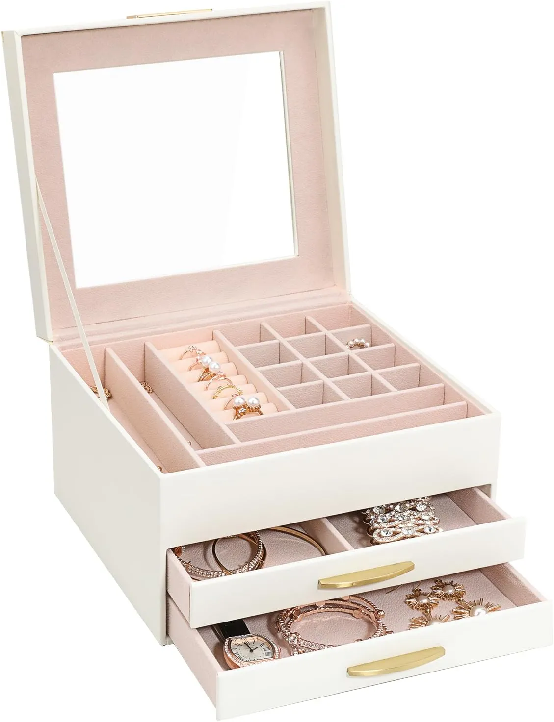 with Glass Lid, Women Jewelry Box White Jewelry Case evoke 3-Layer with 2 Drawers, Jewelry Organizer Jewelry Box, Glass Lid White Jewelry Organizer Box 